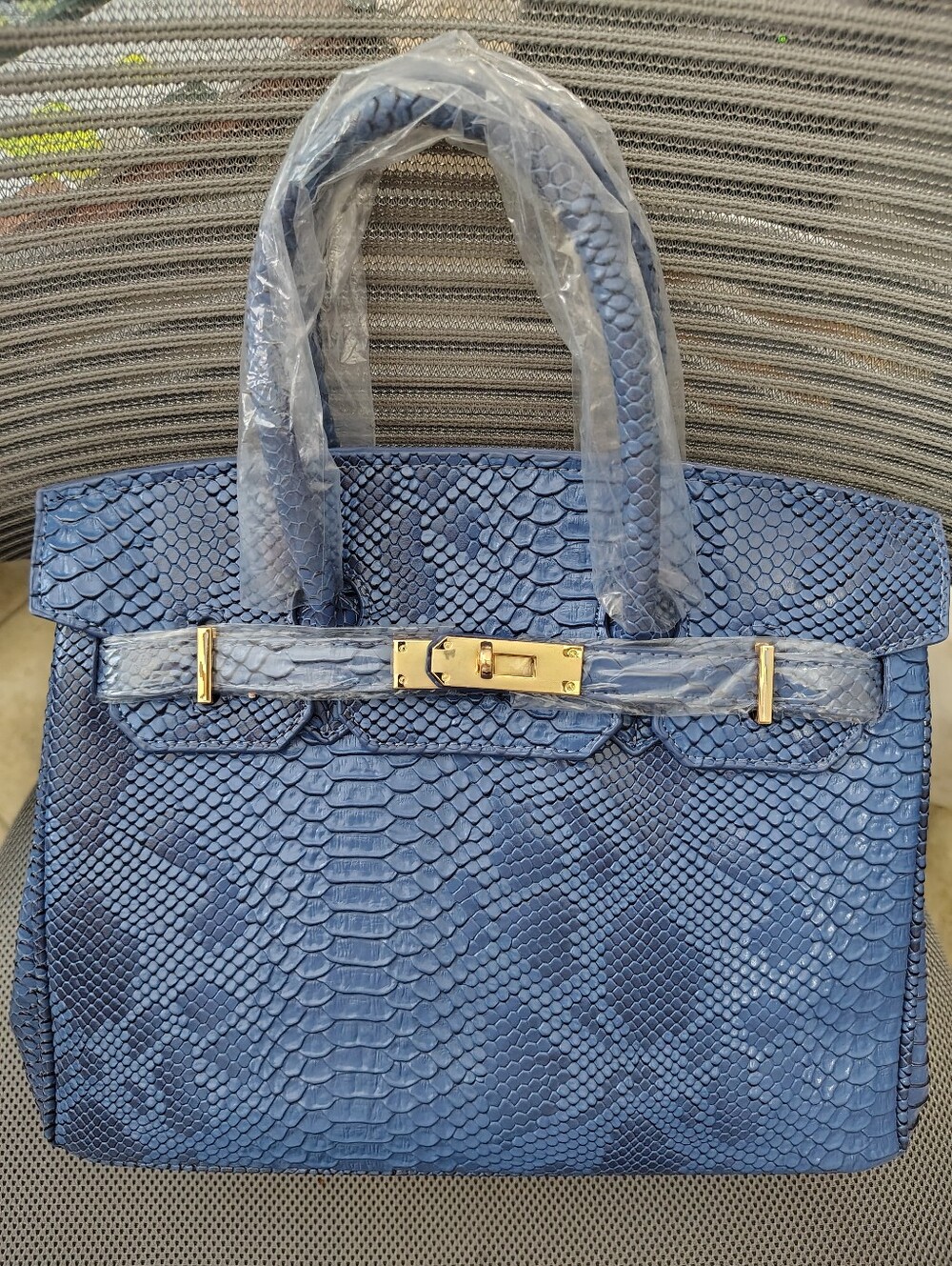 Brand New Fashion Bag Blue Faux Snake-Embossed Satchel with Gold Hardware
